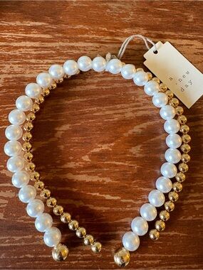 2 Pearl and Gold Beaded Headband - White and Gold